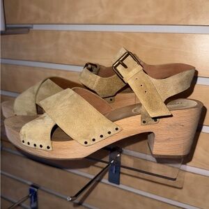 Madewell Suede Leather Clog Sandals – Wooden Platform Block Heel Boho Retro